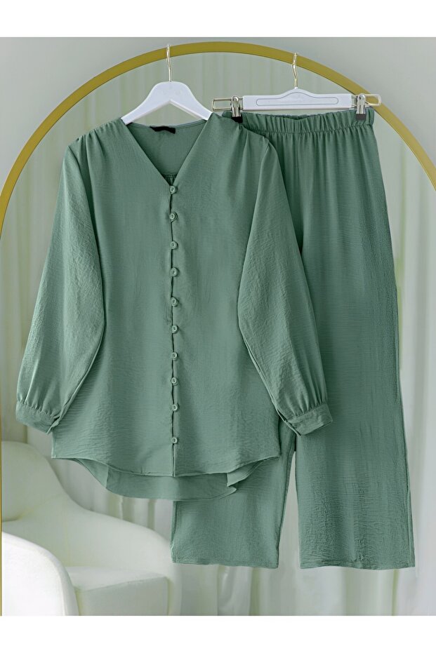 V-Neck Buttoned Pantsuit Ayrobin Set - Çağla Y.