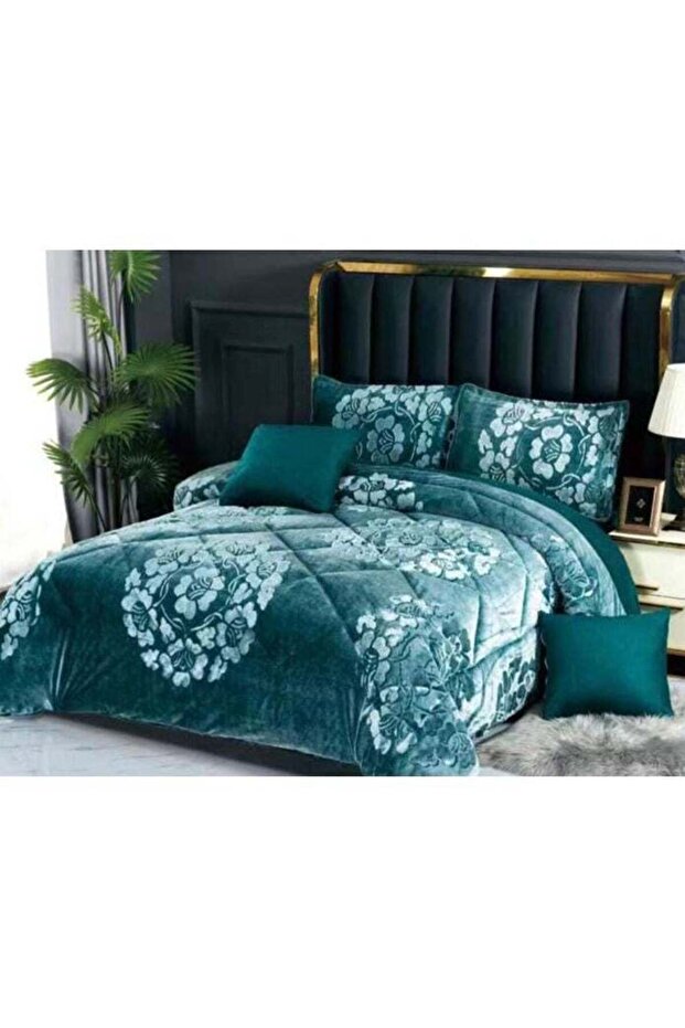 6 PC GREEN FLORAL SOFT & LUXURIOUS FAUX FUR COMFORTER SET