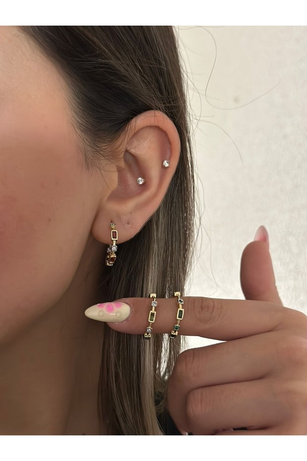 Baguette Stone Detail Colorful Hoop Earrings (Steel) Orange