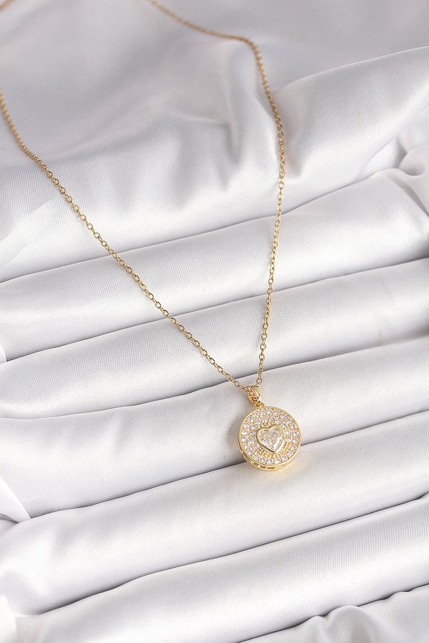 Golden Steel Chain Locket Heart Necklace with Zircon for Elegant Woman
