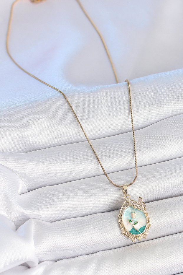 Golden Steel Chain Blue Enamel Floral Portrait Necklace with Zircon for Elegant Woman