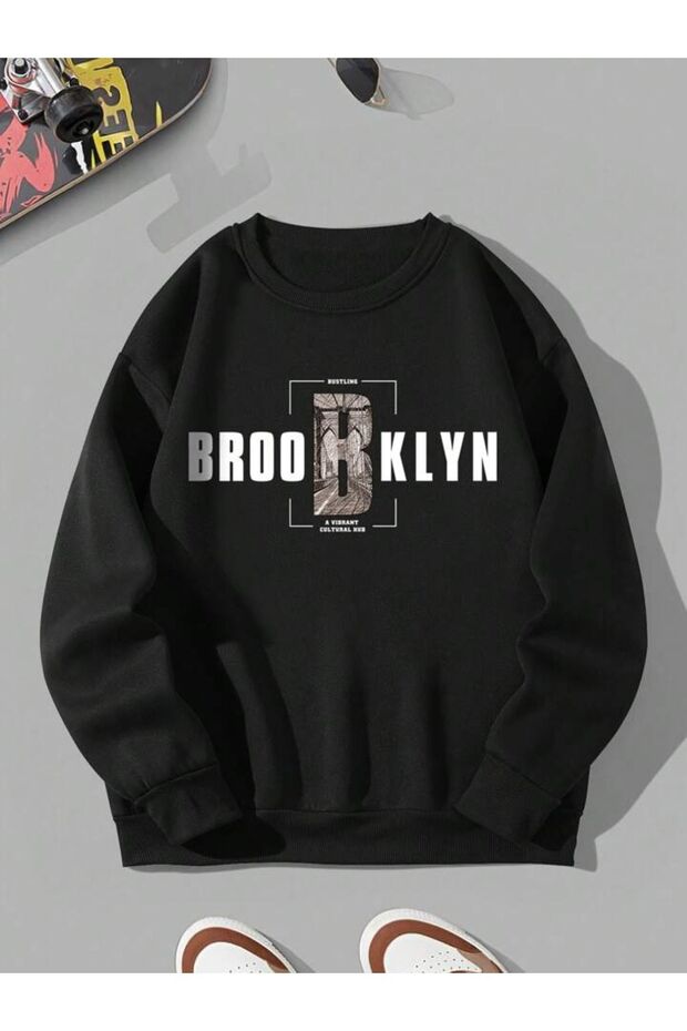 Brooklyn B Sweatshirt - Black Printed Oversize Thick Crew Neck