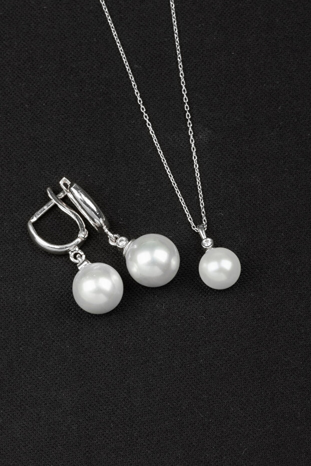 İNCİ KOLYE VE KÜPE SETİ | 925 Ayar Gümüş Set - 1