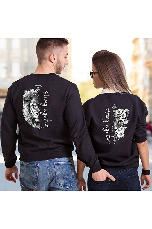 2-Piece Strong Together Lion Lover Combination Sweatshirt - Black Printed Oversize Winter Crew Neck