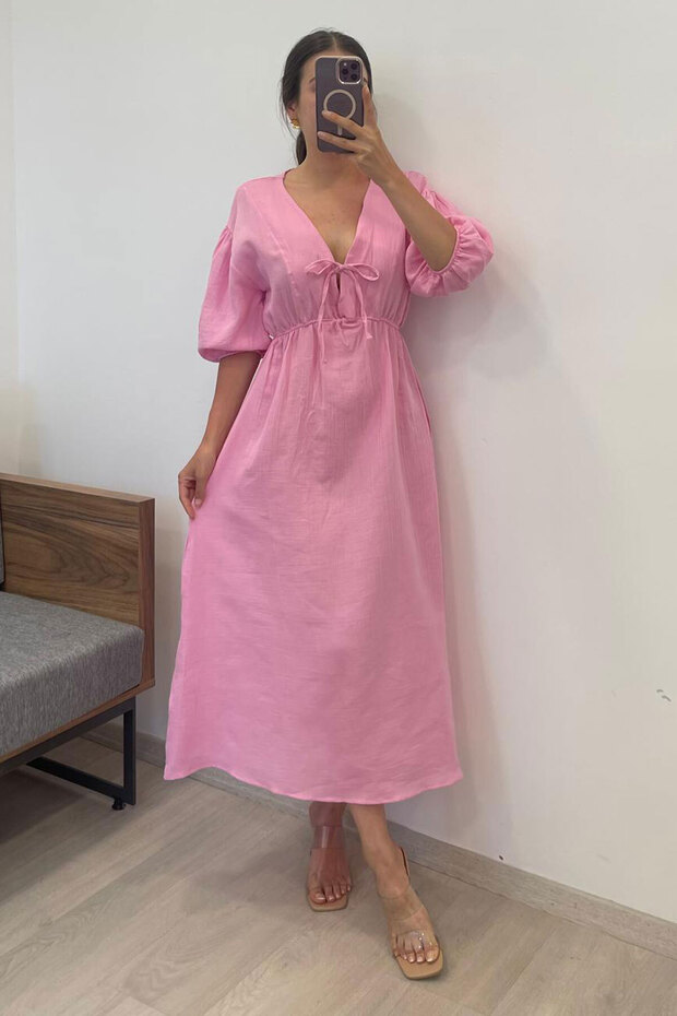 Women's Collar Piping Tie V-Neck Elastic Waist Sleeve Mouth Elastic Balloon Sleeve Long Dress