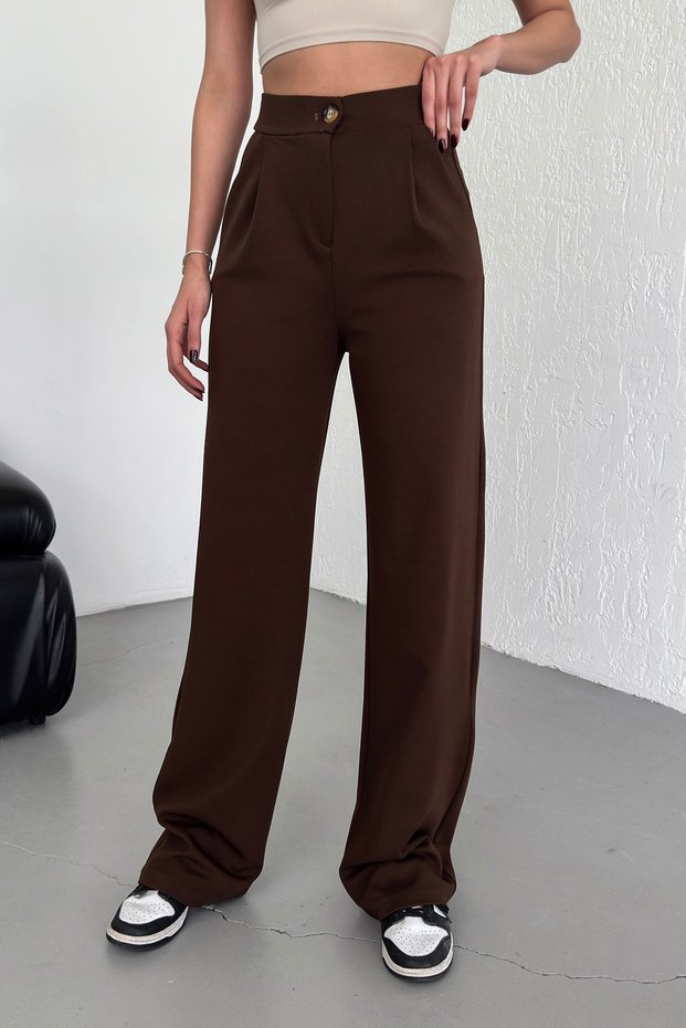 Women's Coffee Button Pleated High Waist Lycra Crepe Fabric Comfortable Fit Palazzo Pants
