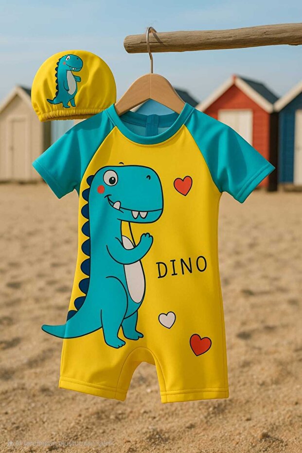 Boy Girl Children's Swimsuit Dalgis Fabric Hidden Zipper Belted Character Patterned