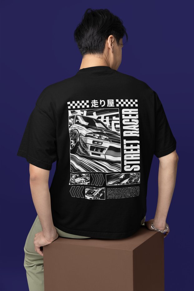 Street Racer Printed Unisex Oversize Cut 100% Cotton Soft Textured Crew Neck Black T-Shirt
