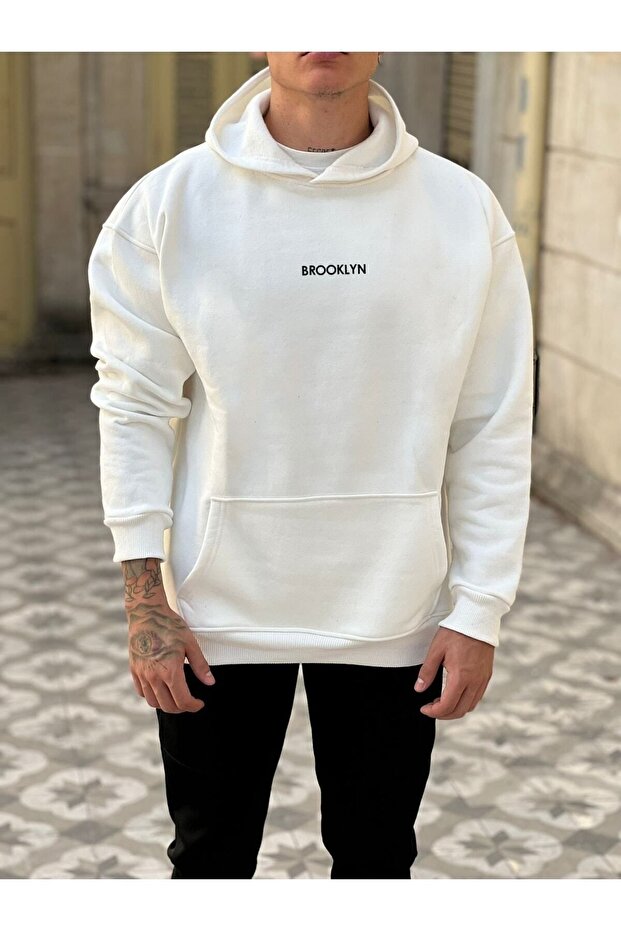 Unisex White Brooklyn Printed Hooded Sweatshirt