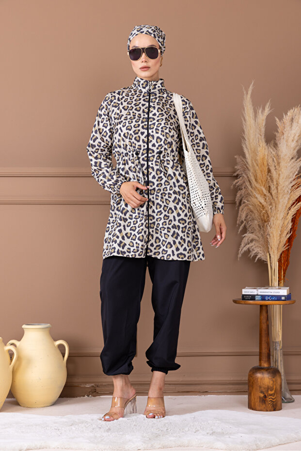 طقم ملابس سباحة إسلامية بنقشة الفهد مع ربطة خصر كهدية