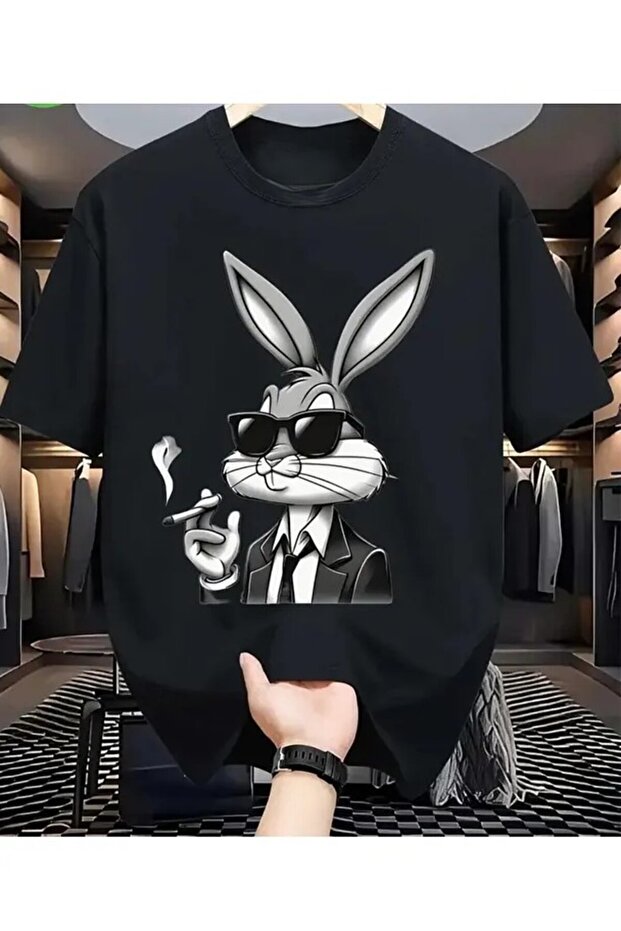 Unisex Oversize Printed Cotton Crew Neck Short Sleeve Black T-Shirt Efkarli Rabbit
