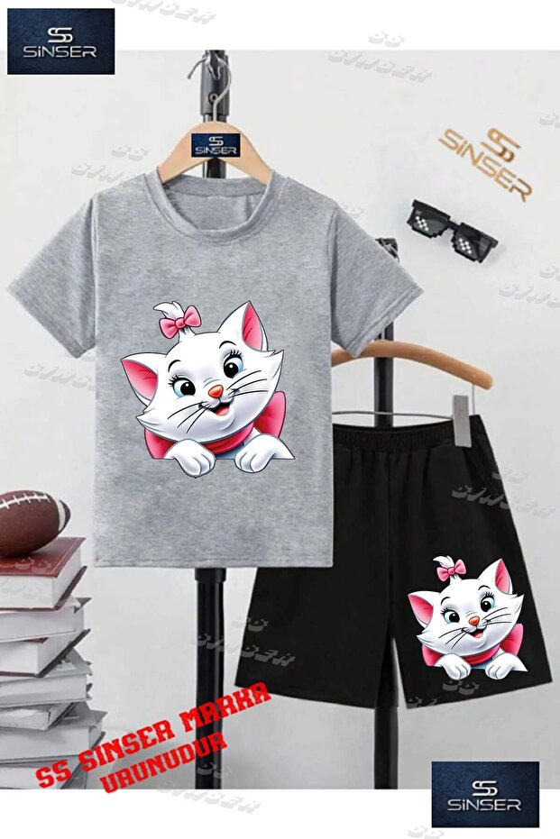 Children's Unisex “Cat Bow Half“ Special Printed Crew Neck T-Shirt - Shorts Set