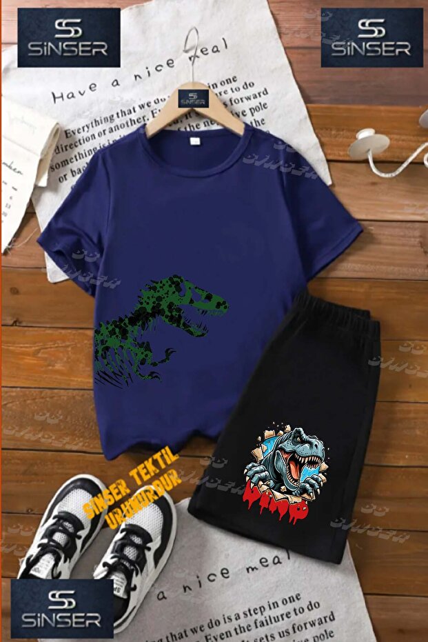 Children's Unisex “Dinosaur Green Patterned Side“ Special Printed Crew Neck T-Shirt - Shorts Set