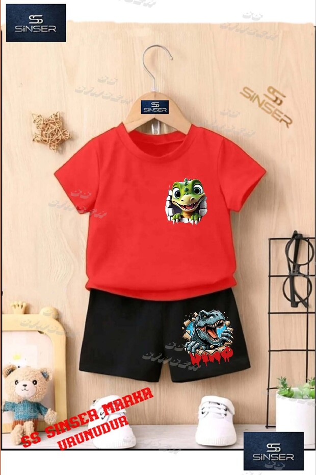 Children's Unisex “Dinosaur Green Cave Exit“ Special Printed Crew Neck T-Shirt - Shorts Set