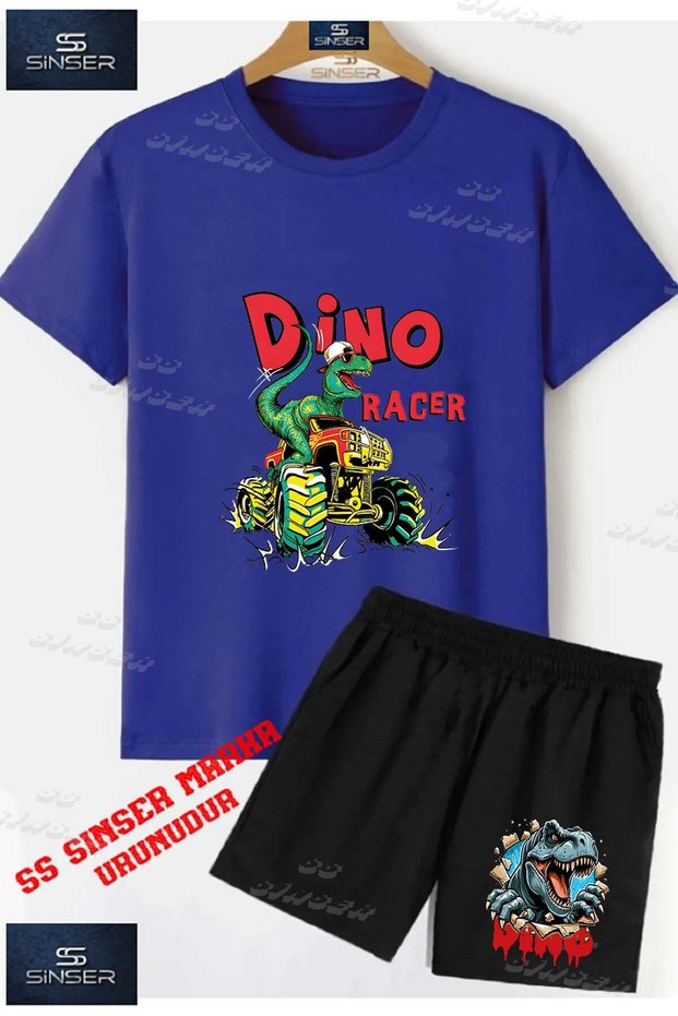 Children's Unisex “Dino Racer“ Special Printed Crew Neck T-Shirt - Shorts Set