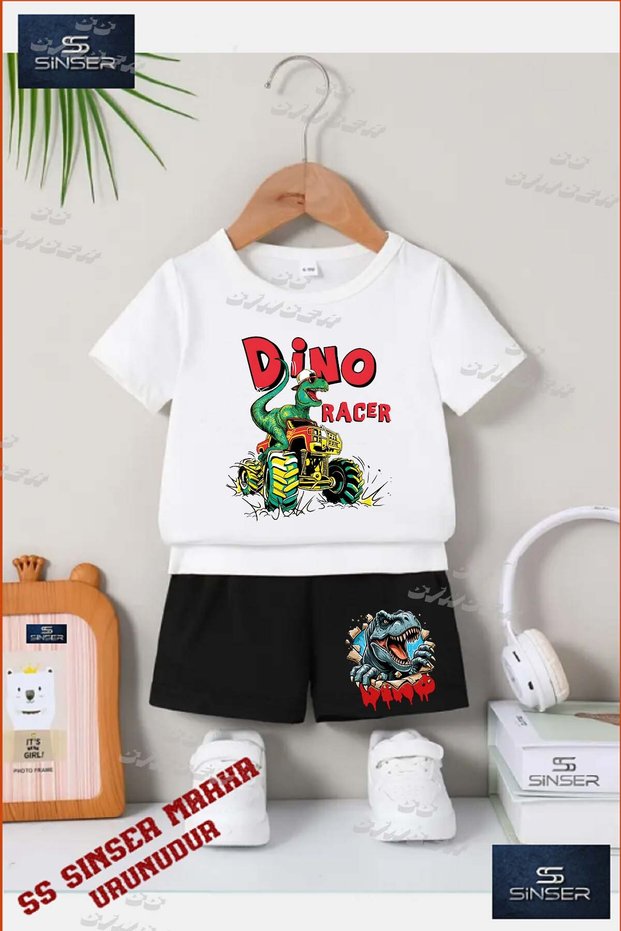 Children's Unisex “Dino Racer“ Special Printed Crew Neck T-Shirt - Shorts Set