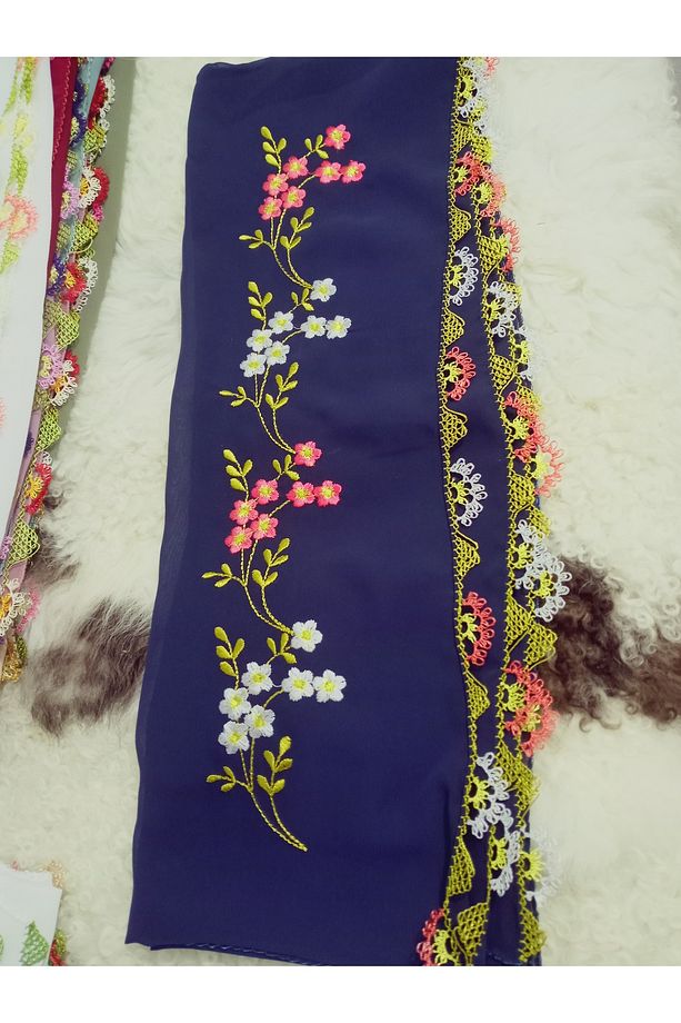 El Emeği Nakış Işlemeli Iğne Oyalı Namaz Örtüsü Çeyizlik Mevlit Başörtüsü Krep Kumaş 145x75 Cm - 1