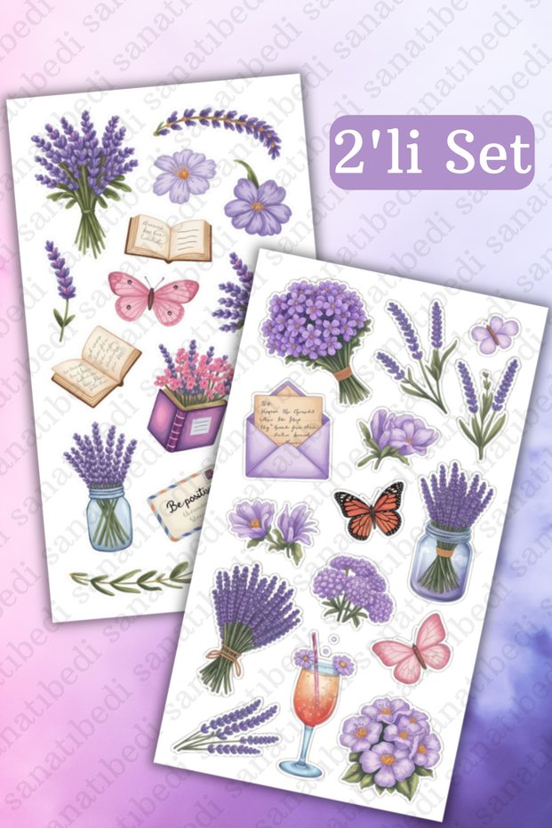 2 Sheets Purple Water Resistant Purple Flower Sticker Set - Agenda Laptop Phone Notebook Sticker