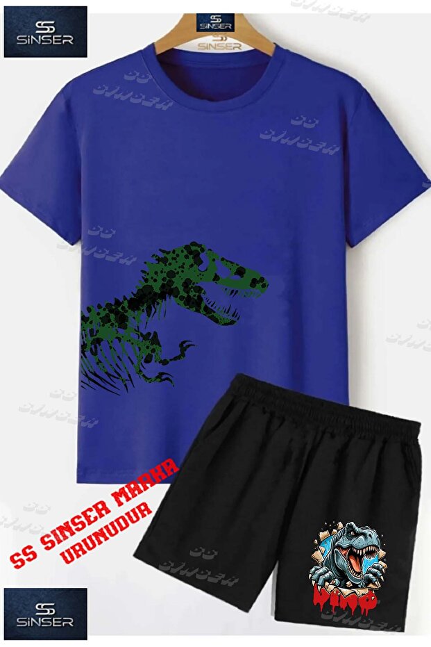 Children's Unisex “Dinosaur Green Patterned Side“ Special Printed Crew Neck T-Shirt - Shorts Set