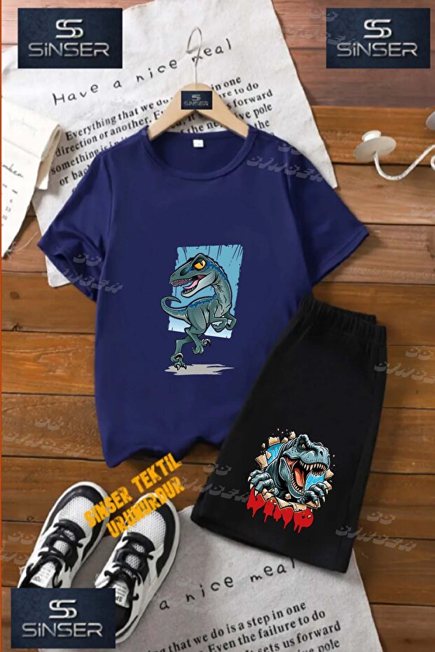 Children's Unisex “Dinosaur Turquoise Canvas“ Special Printed Crew Neck T-Shirt - Shorts Set