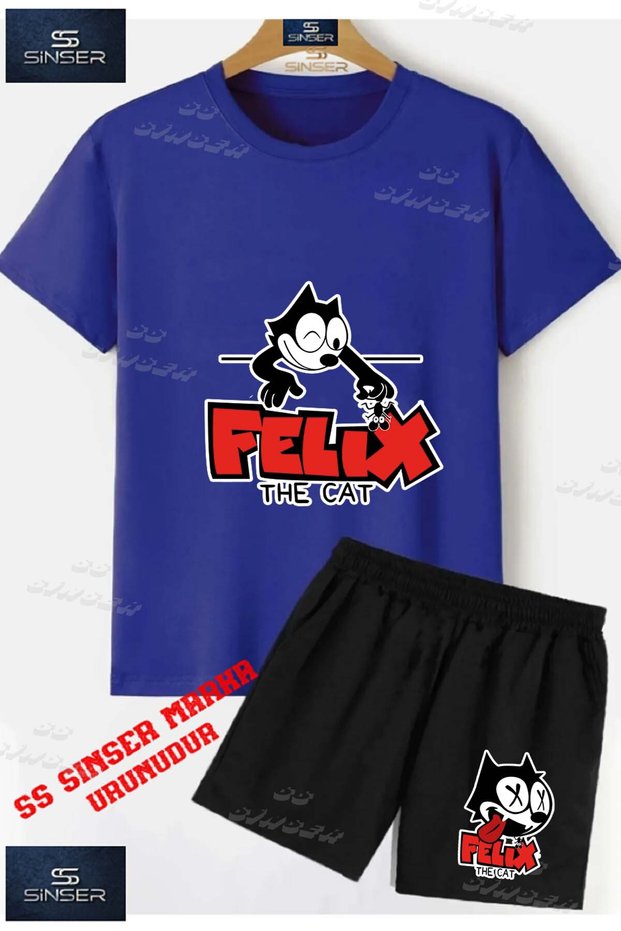 Children's Unisex “Felix Cat Bottom Written“ Custom Printed Crew Neck T-Shirt - Shorts Set