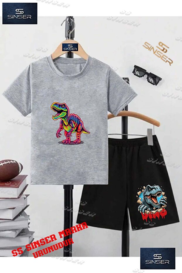 Kids Unisex “ Dinosaur Colorful Single “ Custom Printed Crew Neck T-Shirt - Shorts Set