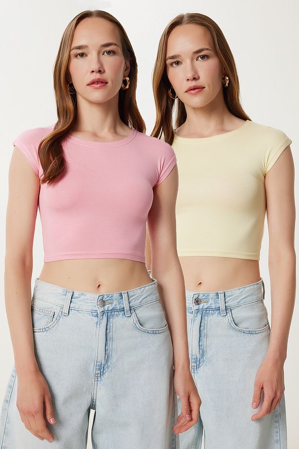 2’li Paket Basic Crop Örme Bluz LZV0017 PEMBE SARI - 1