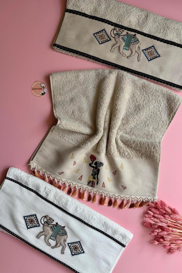 Zahara and Camel | 3-Piece Embroidered Hand Towels – 100% Cotton, Stylish, Ethnic Design Towel Set (50X90 cm)
