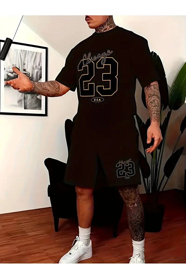 طقم شورت تي شيرت كبير الحجم مطبوع عليه 23 شيكاغو للرجال