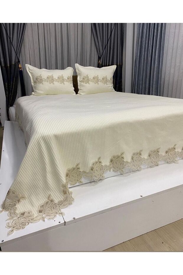 %100 Pamuk Şönil Güpürlü Örgü Tek Kişilik Pike Takımı Yatak Örtüsü 180x250 - 1