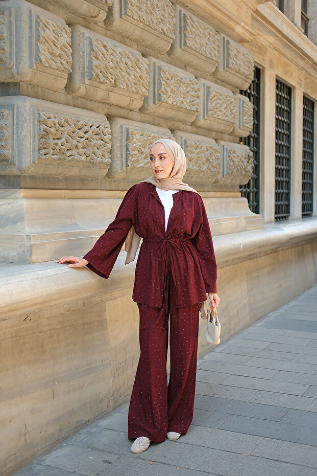 Women's Stone Detailed Double Suit Claret Red