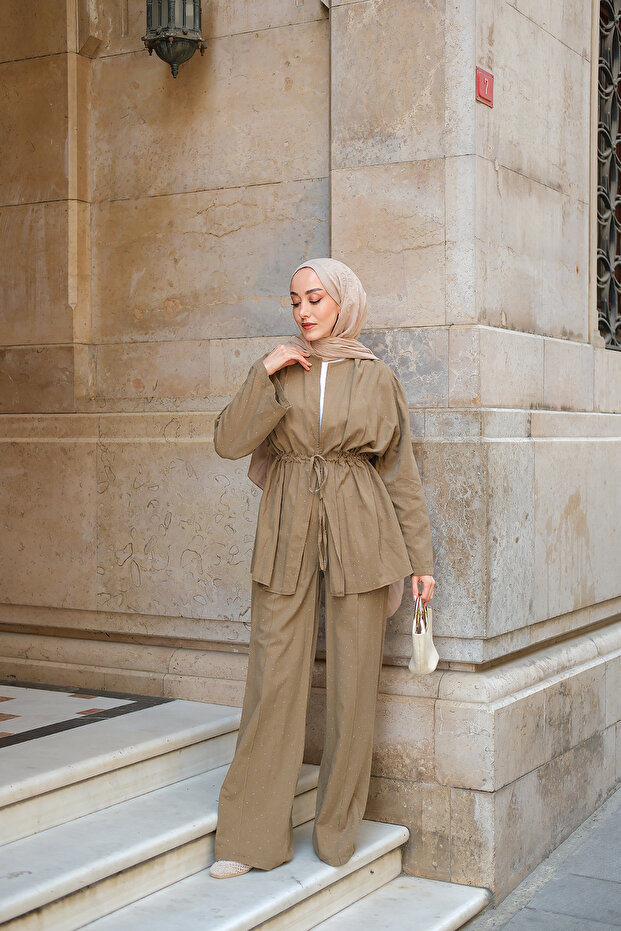 Women's Stone Detailed Double Suit Khaki Green