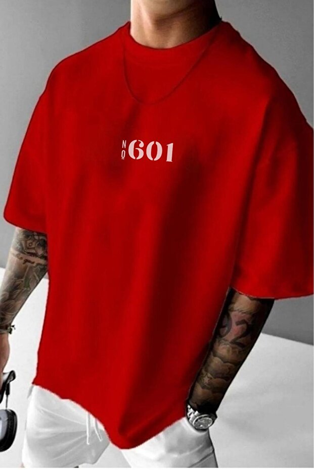 Men's Red No601 Printed Oversize Wide Fit Tshirt