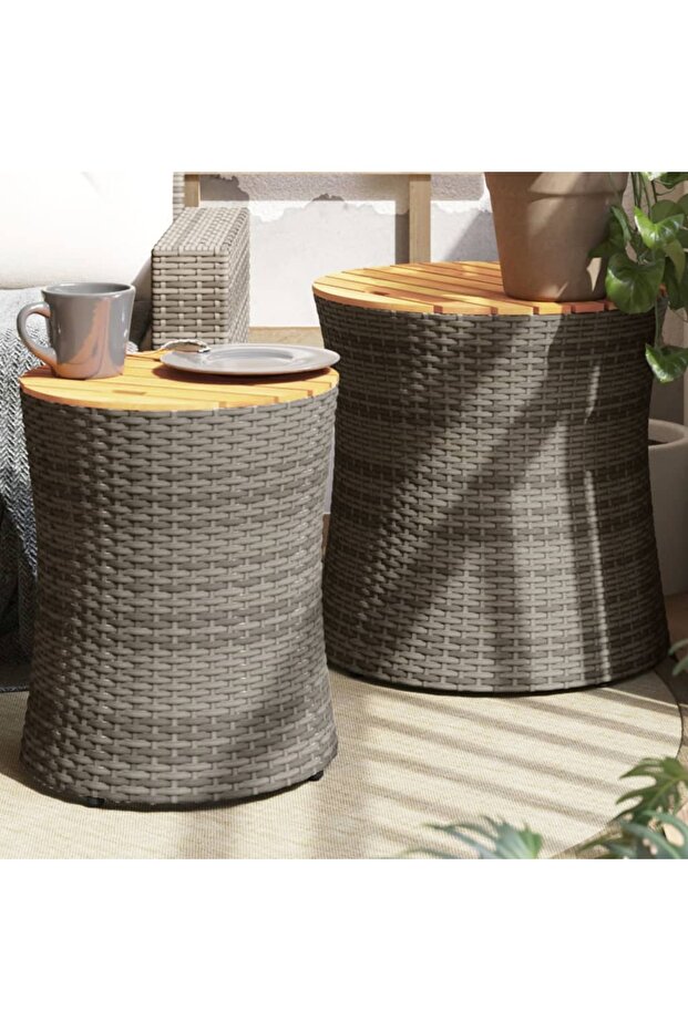 Garden Side Tables 2 pcs with Wooden Top Grey Poly Rattan