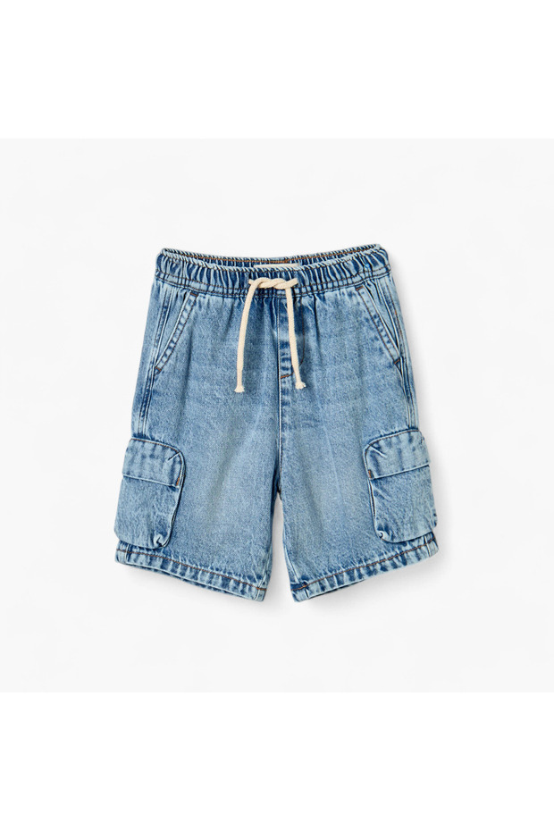 شورت جينز سادة مع رباط للإغلاق وجيوب - 1