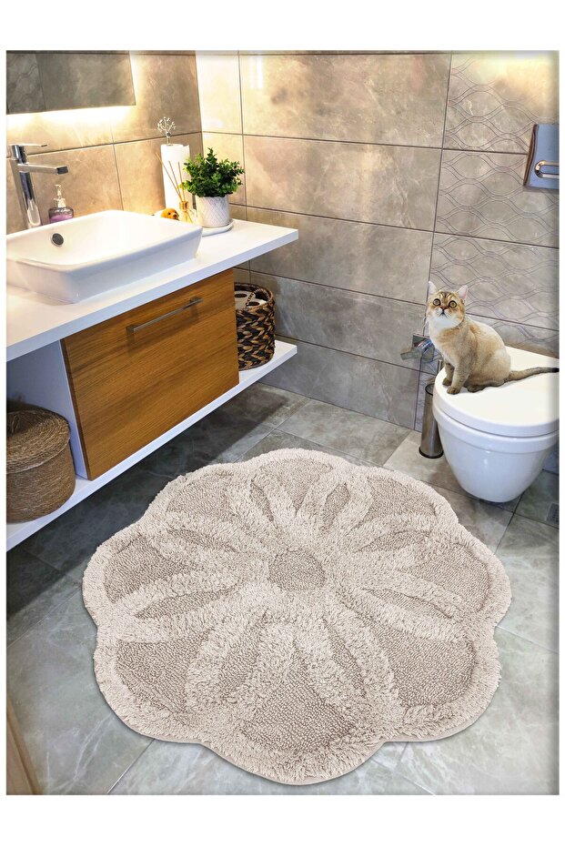 Cotton Tufted Water Absorbent Bath Mat, Bathroom Rug Lotus 120 X 120 cm Beige
