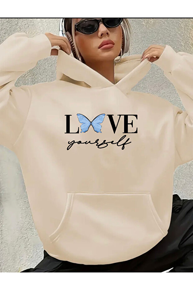 Love Yourself Detailed Hooded Sweatshirt