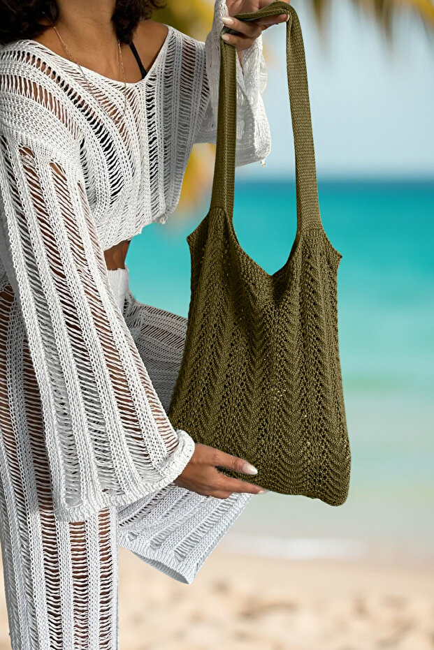 Women's Wave Patterned Knitted Casual Knitwear Khaki Beach Bag 40X36