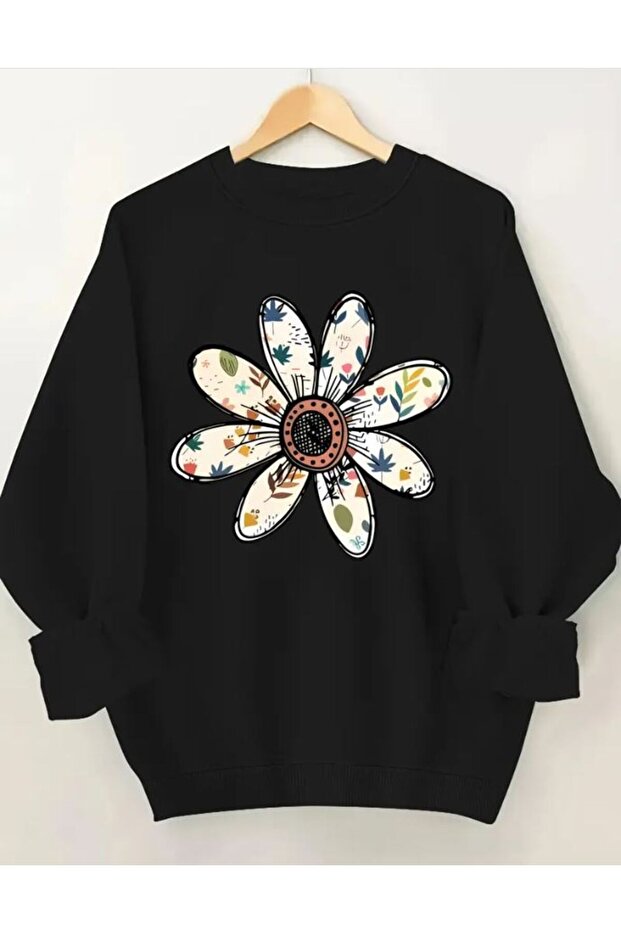 Floral Print Detailed Crew Neck Fleece Sweatshirt