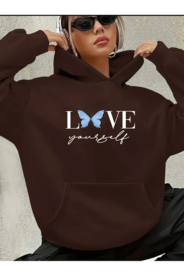 Love Yourself Detailed Hooded Sweatshirt