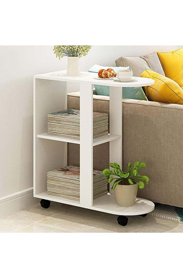 3-Tier Kitchen Trolley Cart,Swivel Sofa Bar,Wooden Service Table with Wheels