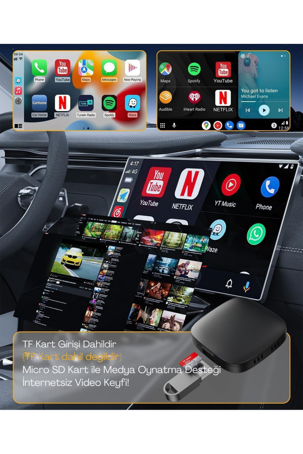 Wireless CarPlay ve Android Auto Dönüştürücü | Netflix & YouTube Destekli 3 in 1 AI Box Lite - 4
