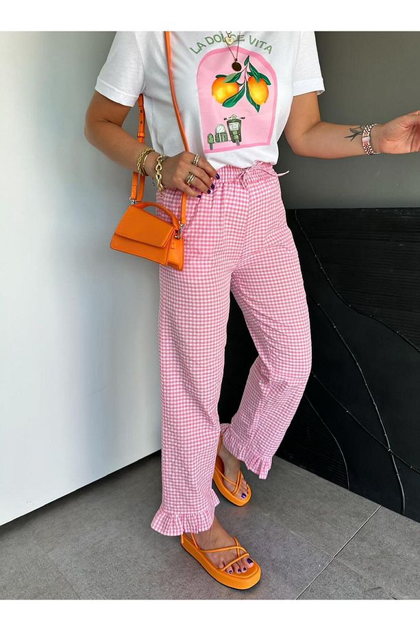 Pembe Paçası Fırfırlı Ekose Pantolon - 2