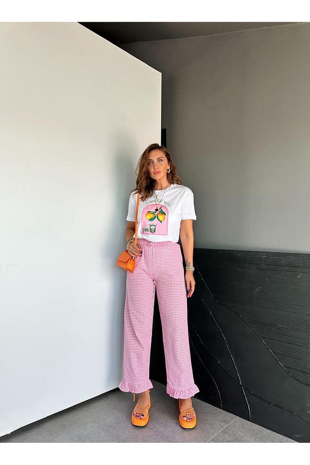 Pembe Paçası Fırfırlı Ekose Pantolon - 4