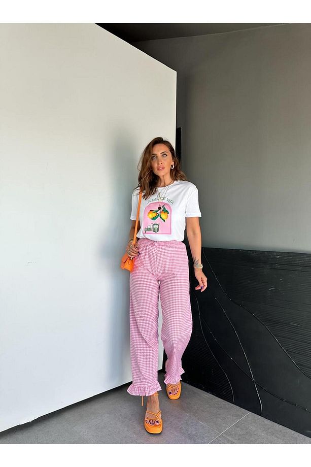 Pembe Paçası Fırfırlı Ekose Pantolon - 8