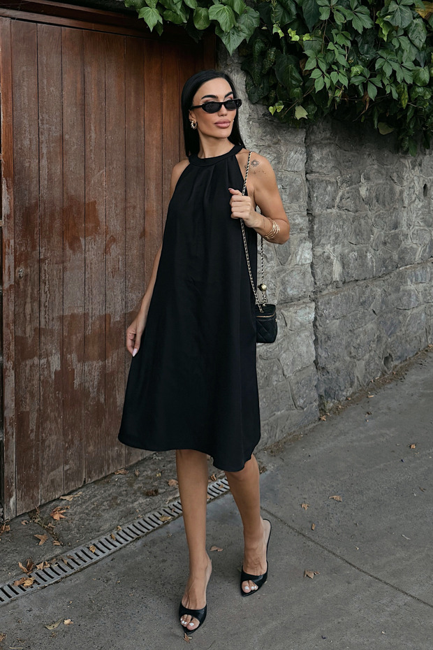 Women's Halter Neck Sleeveless Pocket Linen Woven Short Dress Black