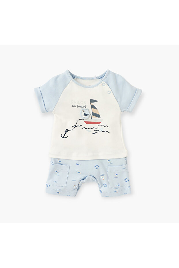 Graphic Print Romper with Button Closure
