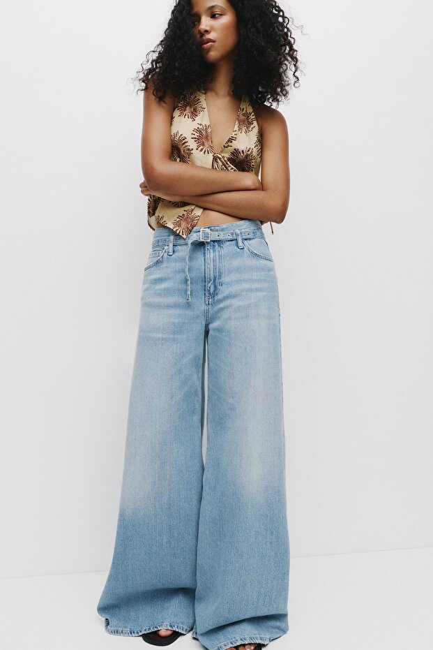 Kemerli süper geniş paça jean - 5