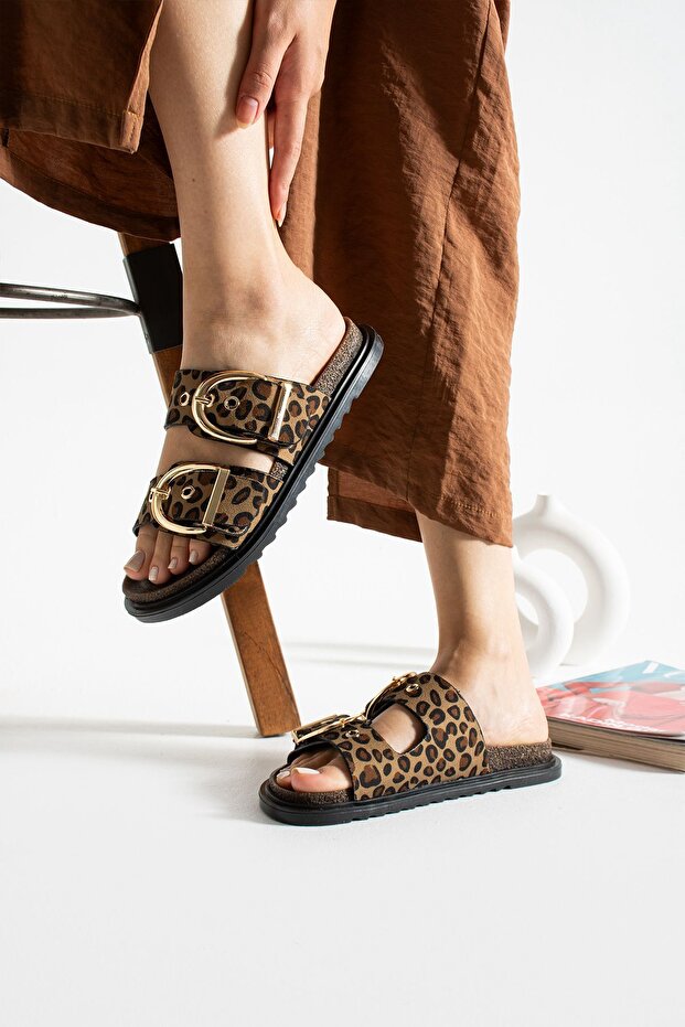 Melodi Women's Leopard Double Buckle Studded Daily Slippers – Comfortable & Stylish Summer Model