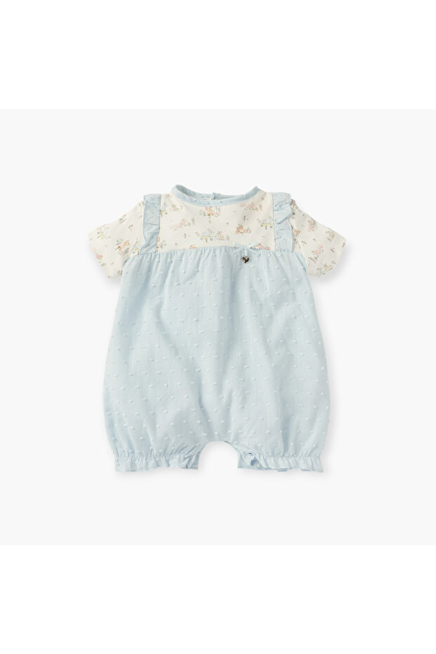 Printed Romper with Short Sleeves and Button Closure - 1